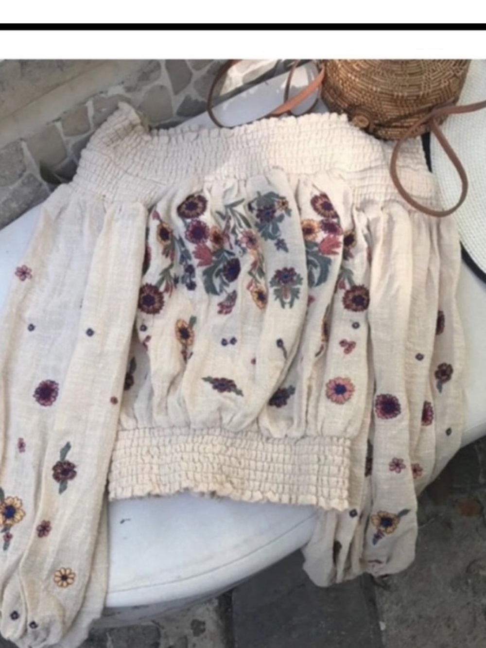 Free People LEILANI Cream Off-Shoulder Embroidered Crop Top NWT BELL SLEEVE SZ S - Picture 3 of 8